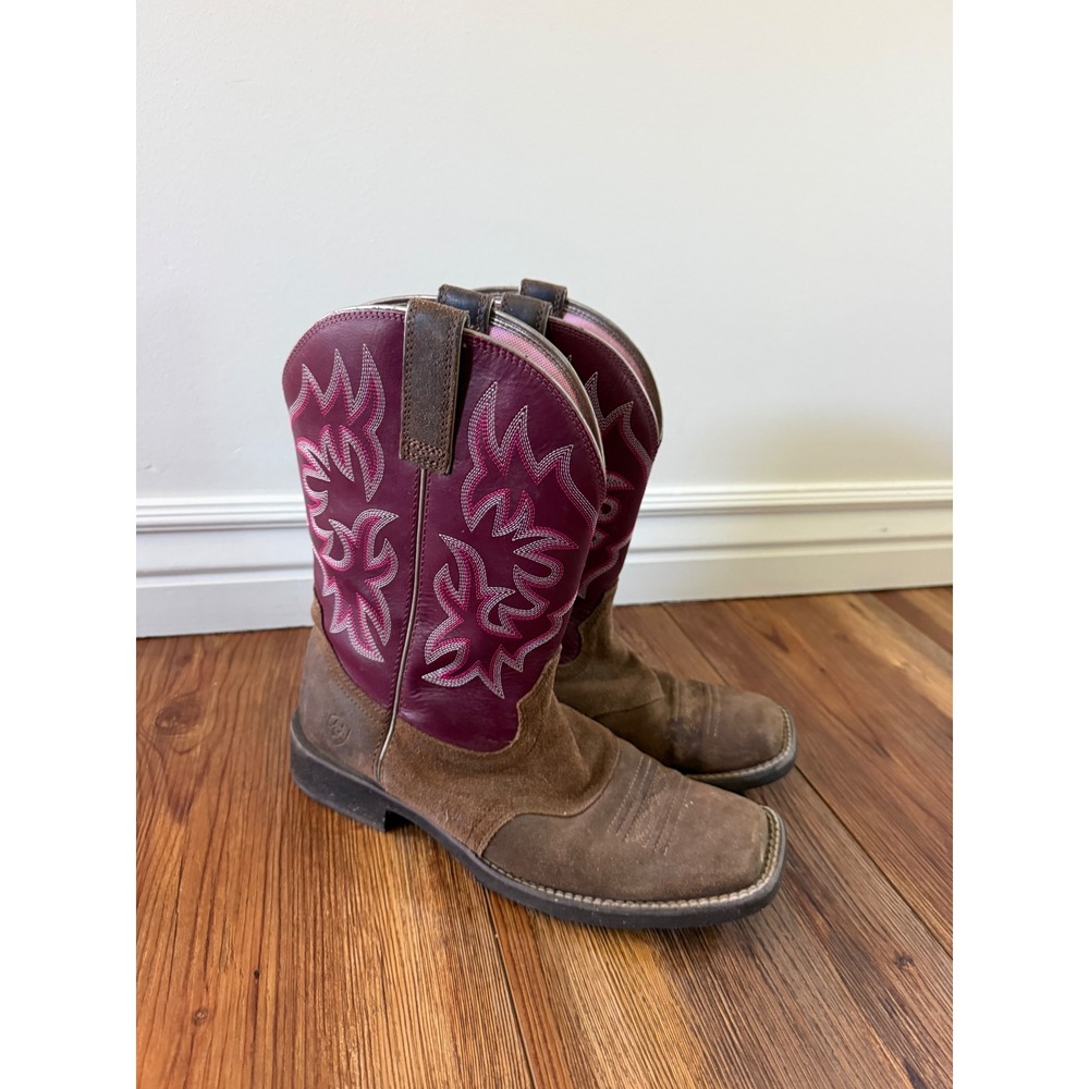 Ariat Womens Brown Suede pink Leather Western Cowboy Boots Square Toe US 10 B